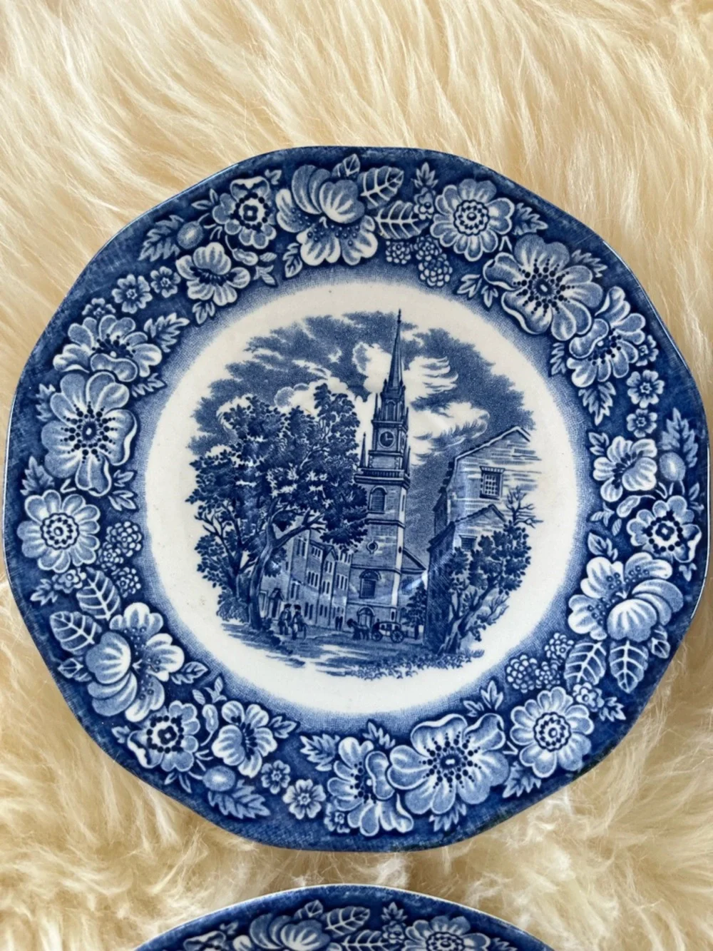 Staffordshire Ironstone Liberty Blue Tea Cup Saucers Old North Church Set Of 4